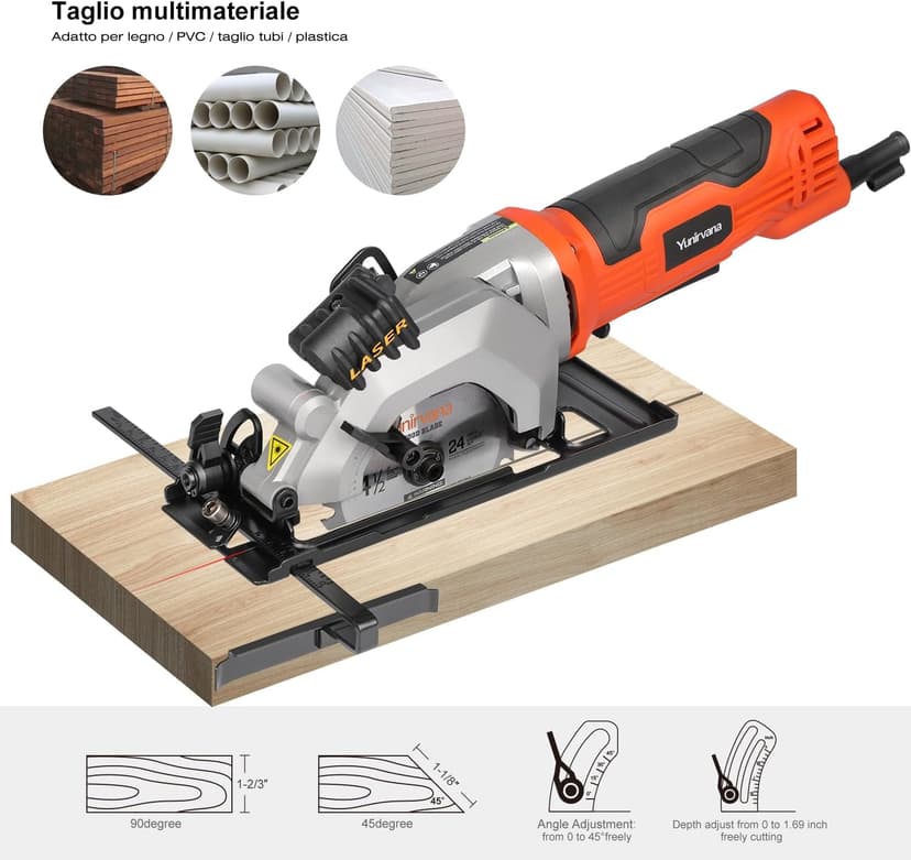 4Amp 3500RPM Mini Circular Saw with Laser Guide, Vacuum Adapter, Blade Wrench and Rip Guide, Max. Cutting Depth1-5/8"(90°), 1-1/10"(45°）Compact Saw with 2 pcs 4-1/2" 24T TCT Blades
