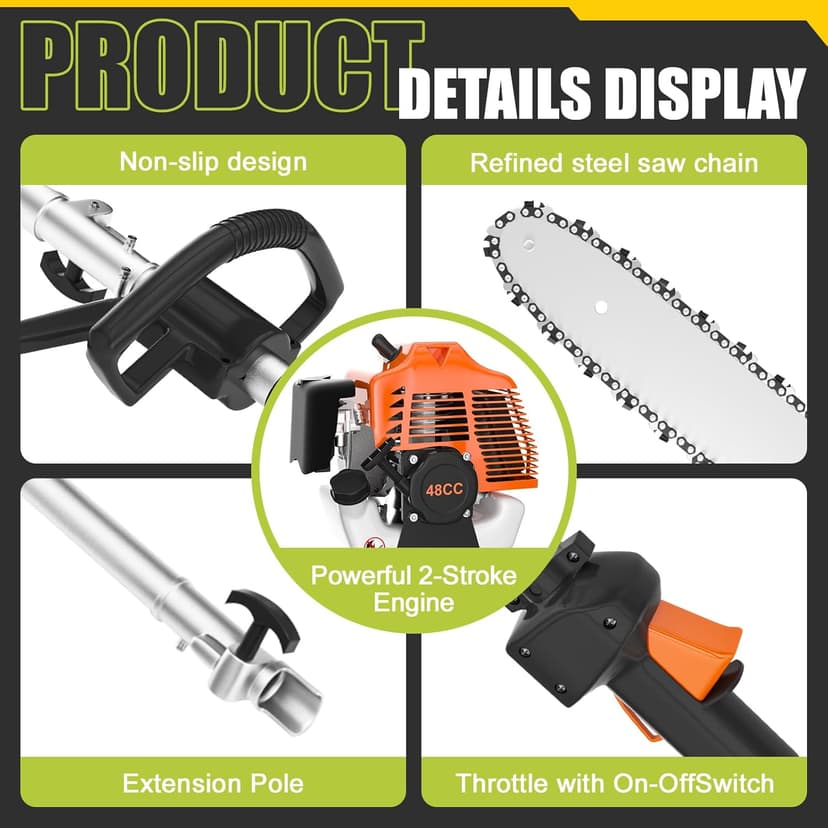 Gas Powered Pole Saw, 48cc 2-Cycle Gas Pole Saws for Tree Trimming with 11.5in Cutting Bar,16-FT Height Reachable Cordless Extension Chainsaw for Tree Trimming Bush Pruning Branch Cutting