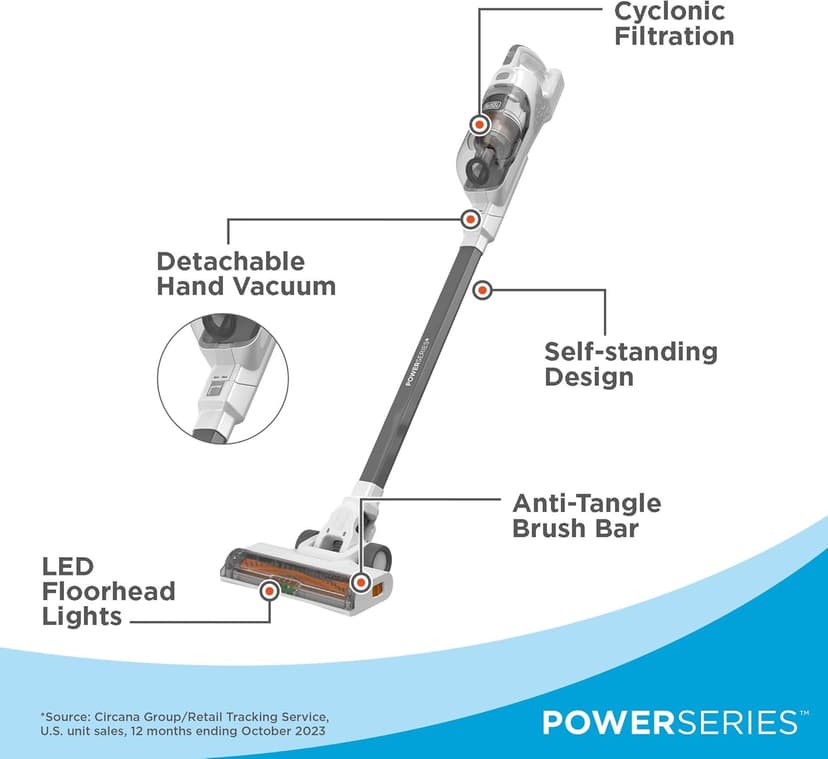 BLACK+DECKER POWERSERIES+ 20V MAX Cordless Stick Vacuum Cleaner with LED Floor Lights, Lightweight, Multi-Surface (BHFEA520J) , Gray
