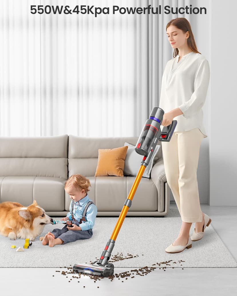 Cordless Vacuum Cleaner, 45Kpa 550W 65Mins Self-Standing Vacuum Cleaners for Home, Stick Vacuum with Touch Screen, Anti-tangle Brush, Rechargeable Vacuum Cordless for Pet Hair, Carpet, Hardwood Floor