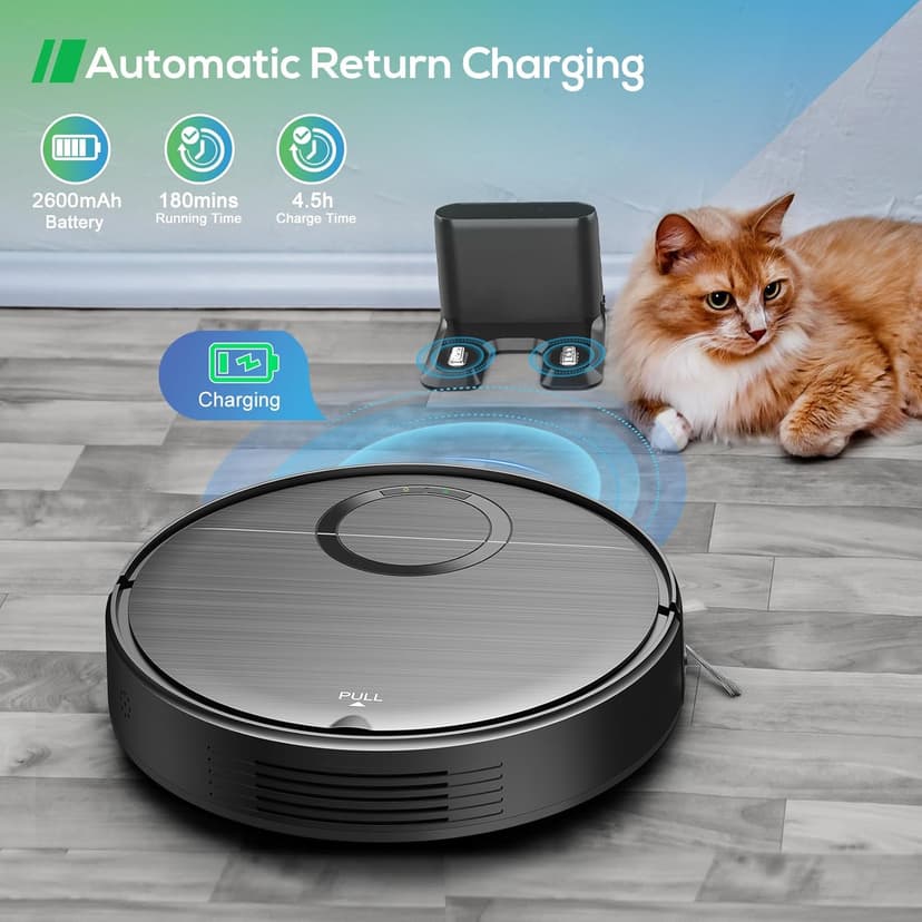 Robot Vacuum and Mop Combo, 2 in 1 Mopping Robot Vacuum Cleaner with 2000Pa Max Suction, Wi-Fi/App/Remote, Schedule, Self-Charging Slim Robotic Vacuum, Ideal for Pet Hair, Low-Pile Carpet, Hard Floor