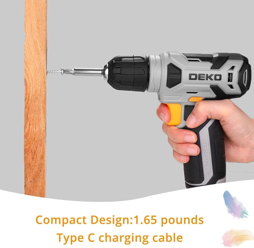 DEKOPRO 8V Cordless Drill, Drill Set with 3/8"Keyless Chuck, 42pcs Acessories, Built-in LED, Type-C Charge Cable, Gray Power Drill for Drilling and Tightening/Loosening Screws