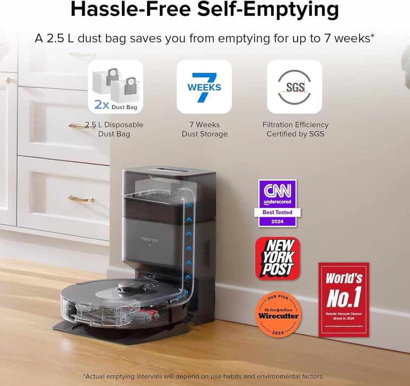 roborock Q5 Max+ Robot Vacuum with Self-Empty Dock, Upgraded from Q5+, 5500 Pa Suction, DuoRoller Brush, Hands-Free Cleaning for up to 7 Weeks, PreciSense LiDAR Navigation, App & Voice Control
