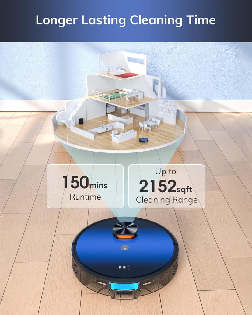 ILIFE Robot Vacuum and Mop Combo, Self Emptying for 60 Days of Cleaning, 3000Pa Suction and Lidar Navigation, Smart Mapping, Wi-Fi/App/Alexa Control, for Pet Hair Carpet Hard Floor, T10s