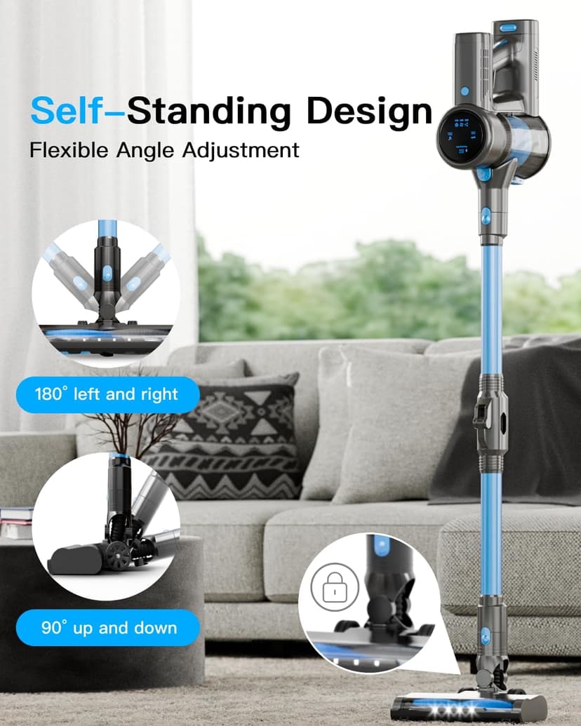Cordless Vacuum Cleaner, 28KPA Suction Stick Vacuum with LED Headlight, 3 Modes 6-in-1 Lightweight Cordless Vacuum with 40Mins Detachable Battery Vacuum Cleaners for Home Hard Floor Carpet (Blue)