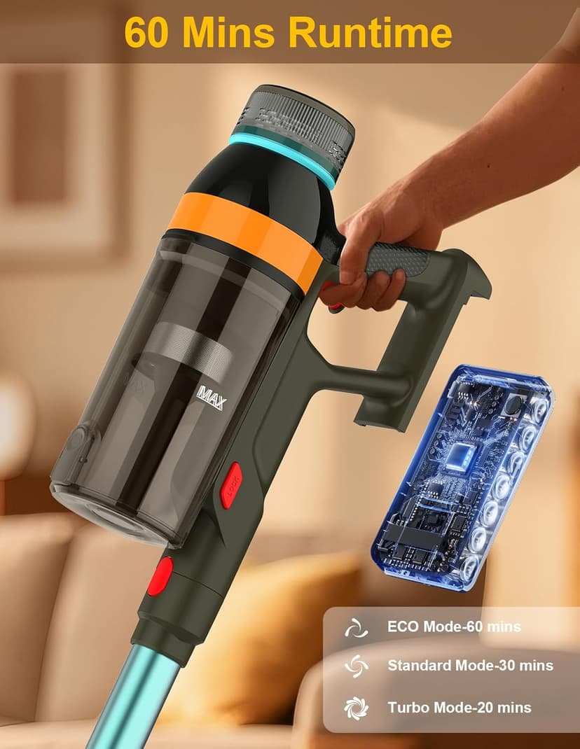 Cordless Vacuum Cleaner,550W/45KP/60Mins Stick Vacuum Cordless Rechargeable for Home/CarPet/Pet Hair/Floor-3 Suction Modes,Smart Screen&Headlight,Self-Standing,Removable Battery,Lighweight,Anti-Tangle