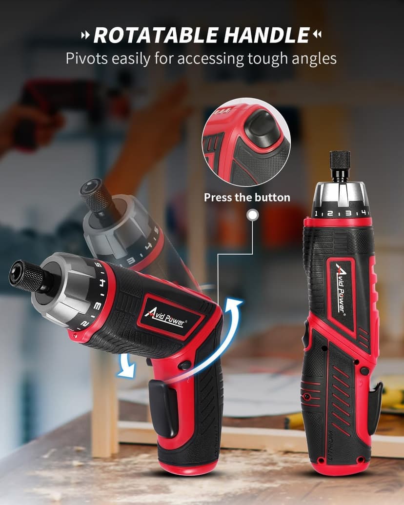 AVID POWER Electric Screwdriver Set Rechargeable 4V Cordless Screwdriver Kit with 44pcs Accessories, 5.65Nm Screw Gun, 5+1 Torque Setting, 2 Position Handle with LED Light