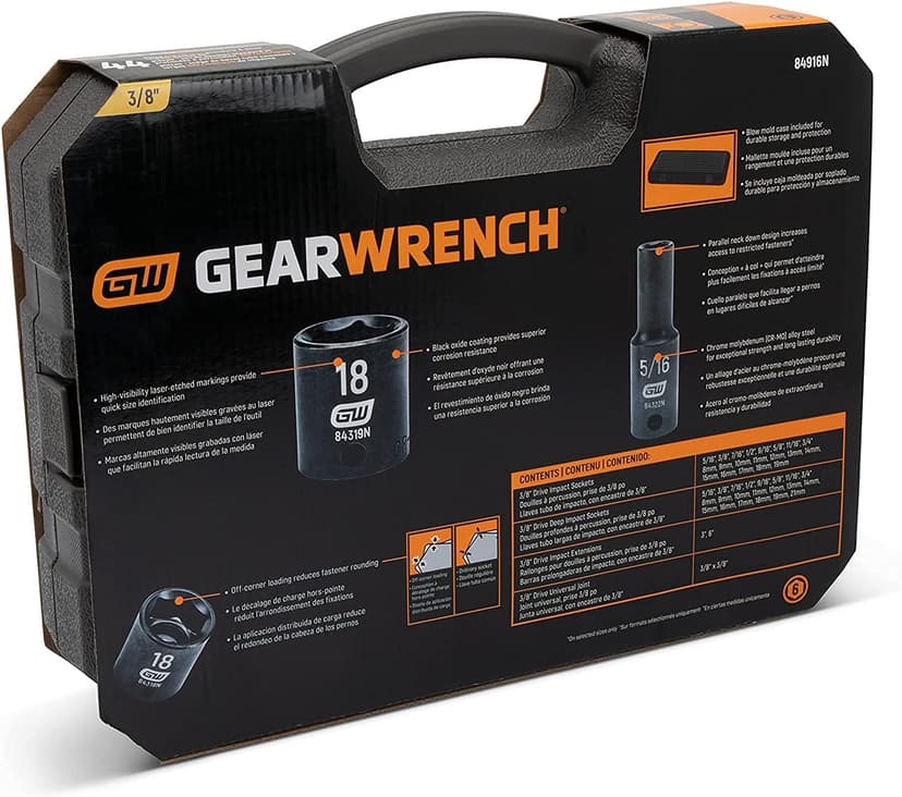 GEARWRENCH 44 Pc. 3/8" Drive 6 Point Standard & Deep Impact SAE/Metric Socket Set - 84916N