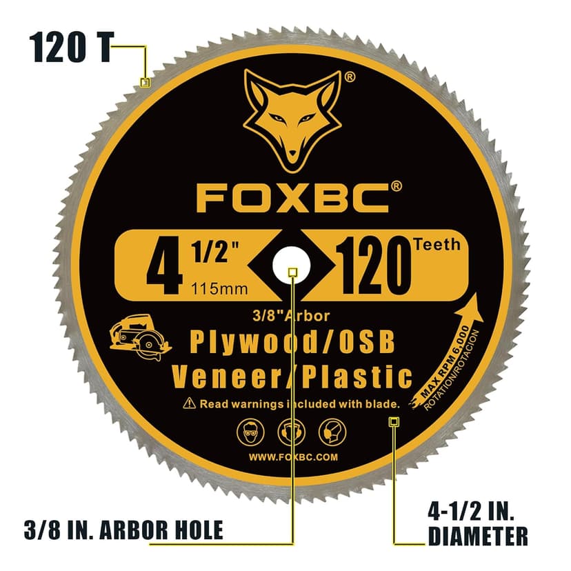 FOXBC 4-1/2 Inch Circular Saw Blade 120 Tooth for Plywood, OSB, Veneer, Plastics Cutting with 3/8 Inch Arbor - 3 Pack