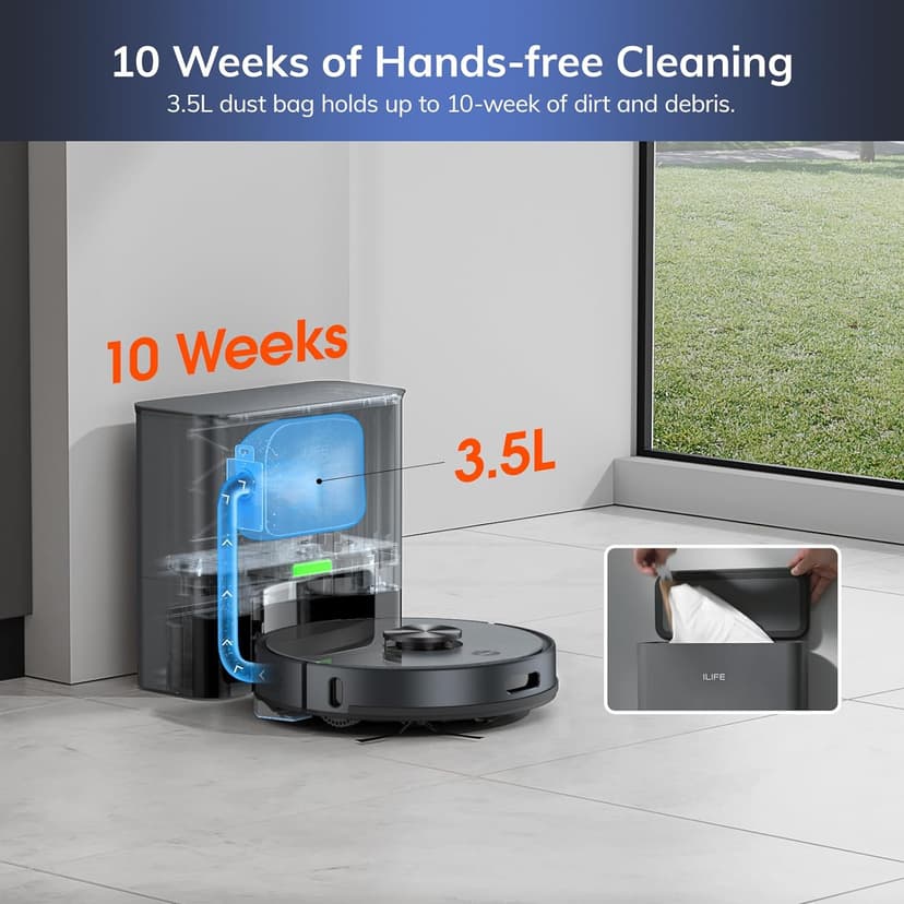 ILIFE T20s Self-Emptying Robot Vacuum and Mop Combo, 5000Pa Suction, 70-Day Capacity, LiDAR Navigation, 260mins Runtime, App/Alexa Control, Robotic Vacuum Cleaner for Hard Floors, Carpets and Pet Hair