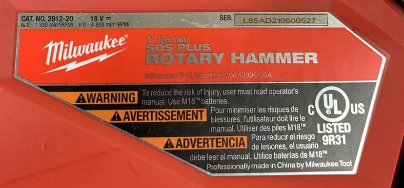 Milwaukee 2912-20 M18 Fuel 18V 1" Sds Plus Brushless Rotary Hammer