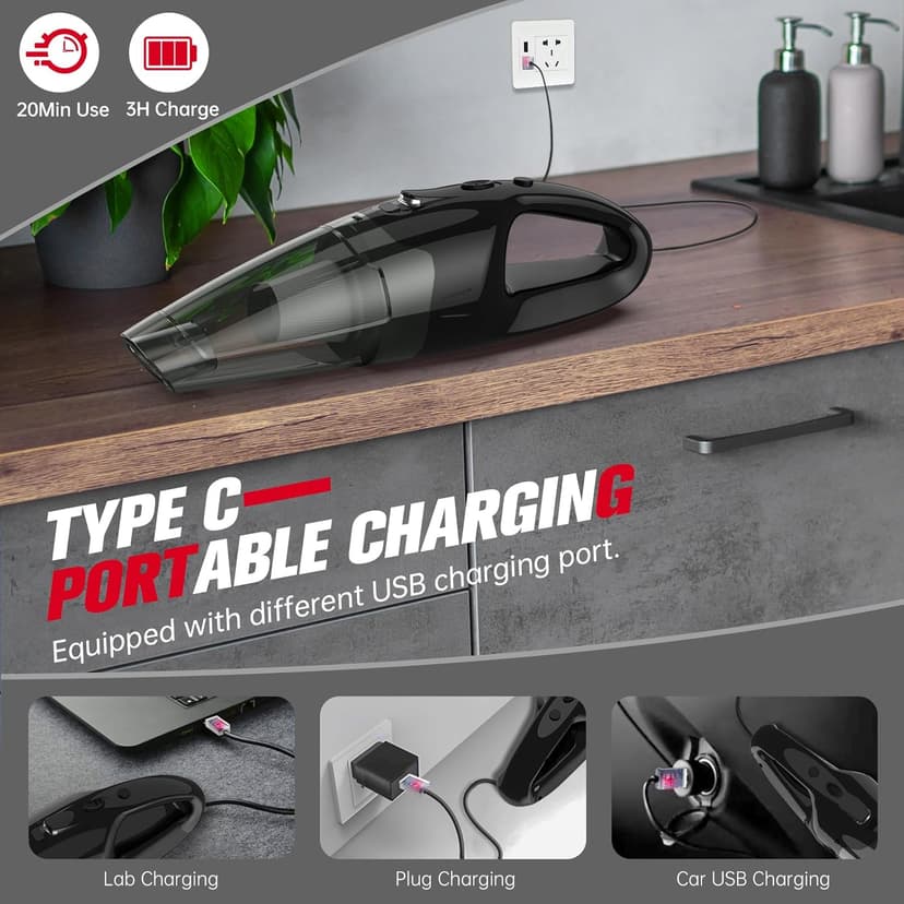 Handheld Vacuum Cordless Rechargeable, Car Vacuum Cleaner with LED, USB Charge, 1.65LBs Hand Vacuum Cordless, for Car/Home/Pet