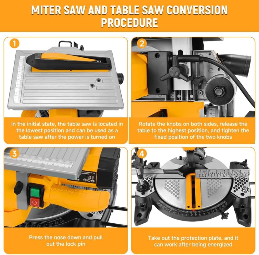 Hoteche 8-1/4-Inch 2-in-1 Compound Miter Saw & Table Saw – 10A Dual-Function Power Tool for Wood and Metal Precision Cutting