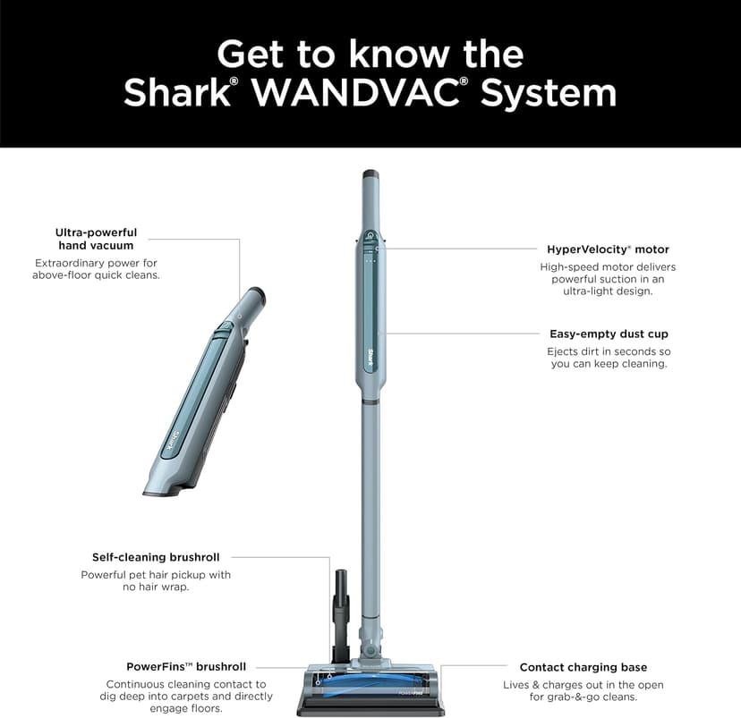 Shark WS642BL WANDVAC System Pet Ultra-Lightweight Powerful Cordless Stick Vacuum with Charging Dock, Blue