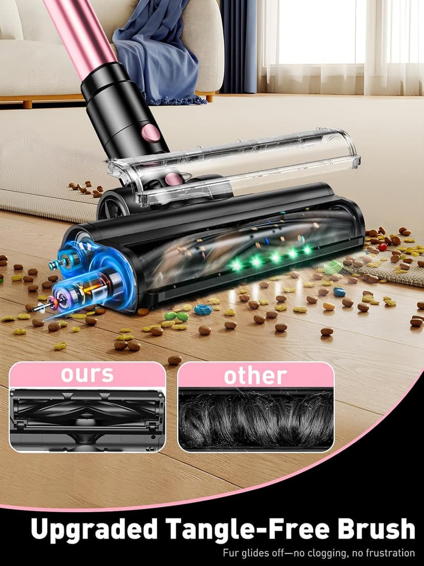 Cordless Vacuum Cleaner, 10-in-1 Vacuum Cleaners for Home with 28.75 in Hose, LED Display, Anti-Tangle Brush, Lightweight Stick Vacuums for Carpet, Pet Hair, Hardwood Floors, Dryer (Pink)