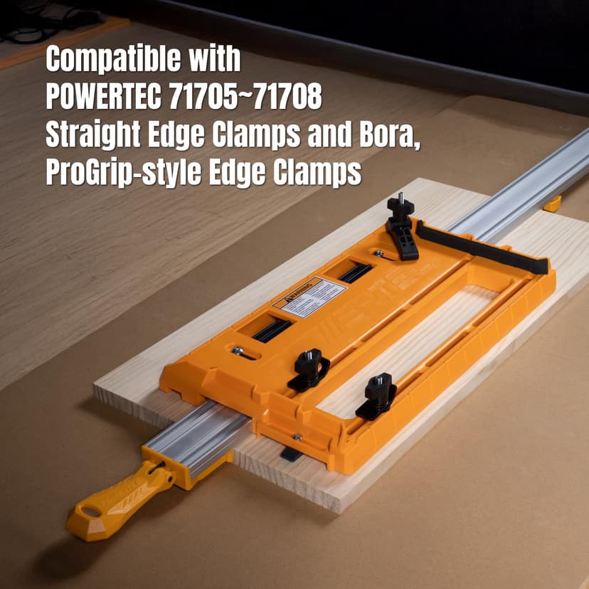 POWERTEC Universal Circular Saw Track Plate Compatible with Most Track Saw Guide Rails and Straight Edge Clamps, Tool-Free Mounting System, Adjustable Fence for Fast and Accurate Cuts (71993)