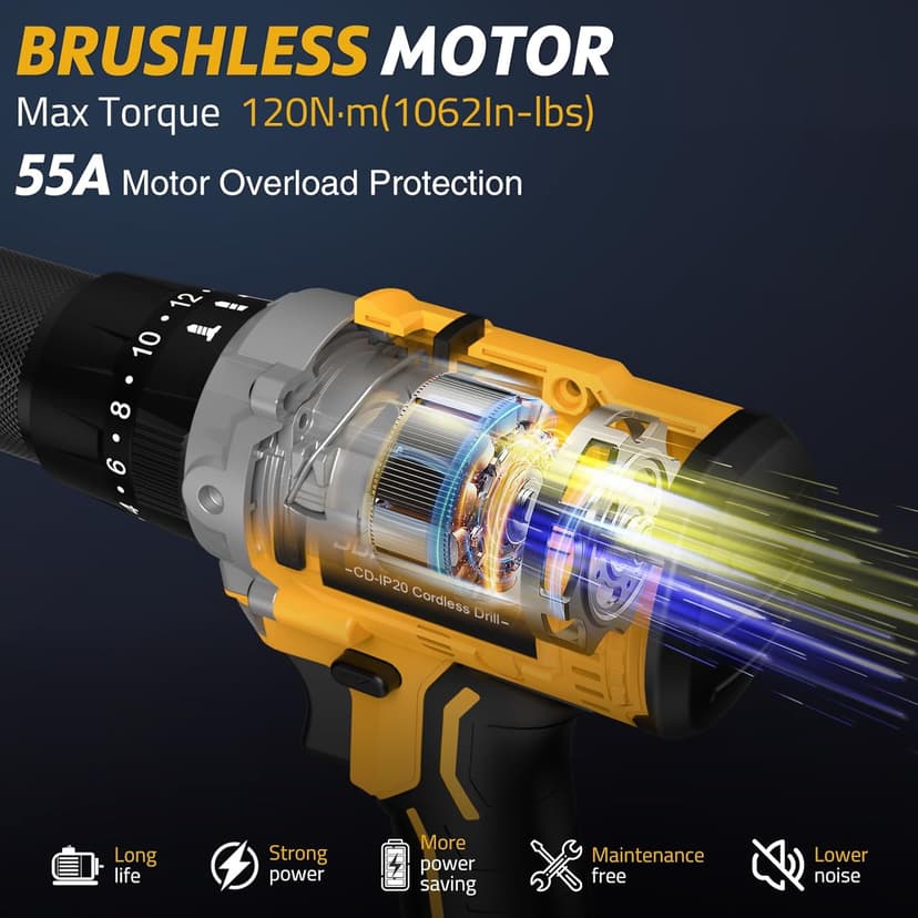21V Cordless Hammer Drill - 1060In·lbs Brushless Drill Set with 2 x 4.0Ah Battery - 20+3 Torque Battery Drills 2150RPM Power Drills 1/2" Chuck Electric Drill for Drilling Wood Bricks Metal