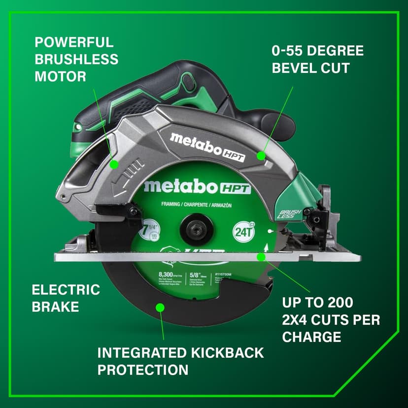 Metabo HPT 18V MultiVolt 7-1/4 Inch Cordless Circular Saw, High Torque, Lightweight Design, Up to 200 2x4 Cuts/Charge, Accepts 18V and 36V MultiVolt Metabo HPT Batteries, Tool Body Only, C1807DAQ4