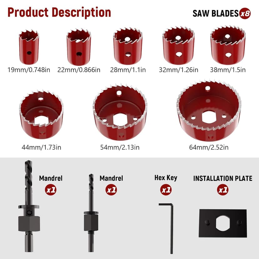 12-Piece Hole Saw Kit, Includes 8 Sizes (3/4" to 2-1/2"), Arbors, Drill Bits, and Hex Key, Ideal for Softwood, Plywood, and PVC(RED)