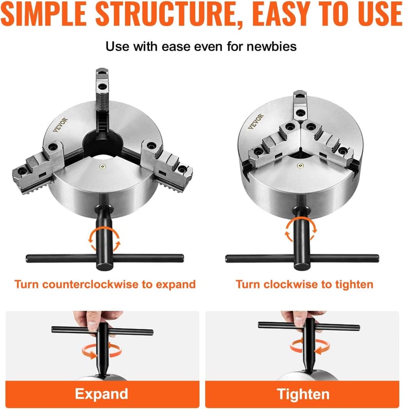 VEVOR 3-Jaw Lathe Chuck, 8'', Self-Centering Lathe Chuck, 0.16-8 in/4-200 mm Clamping Range with T-key Fixing Screws Hexagon Wrench, for Lathe 3D Printer Machining Center Milling Drilling Machine