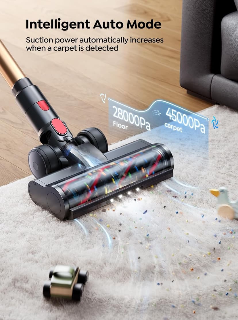 Cordless Vacuum Cleaner, 550W 45KPA 60 Mins Runtime Self-Standing Vacuum Cleaners for Home, Stick Vacuum with Charging Dock Station Removable Battery, Handheld Vacuum for Pet Hair/Carpet/Floor