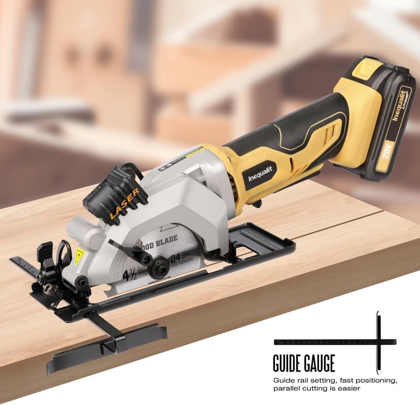 4-1/2 Inch Mini Circular Saw, 3400 RPM Cordless Circular Saw with Laser Guide, Rip Guides, 2 Blades (24T Wood + 60T Metal), Max Cutting Depth 1-11/16" (90°), 1-1/8" (45°)"