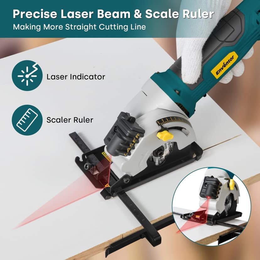Enventor Mini Circular Saw, 4.8A Electric Circular Saws Corded with Laser Guide, 4000RPM, 3 Saw Blades 3-3/8" Max Cutting Depth 1-1/16", Compact, Power for Wood, Soft Metal, Tile, Plastic