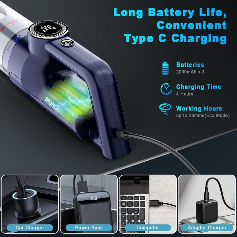 Handheld Vacuum Cordless - Car Vacuum Cleaner with Brushless Motor, 15000Pa Strong Suction with LED Light, Type C Cable, 2 Fliters, Portable Hand Vacuum for Car, Home, and Office