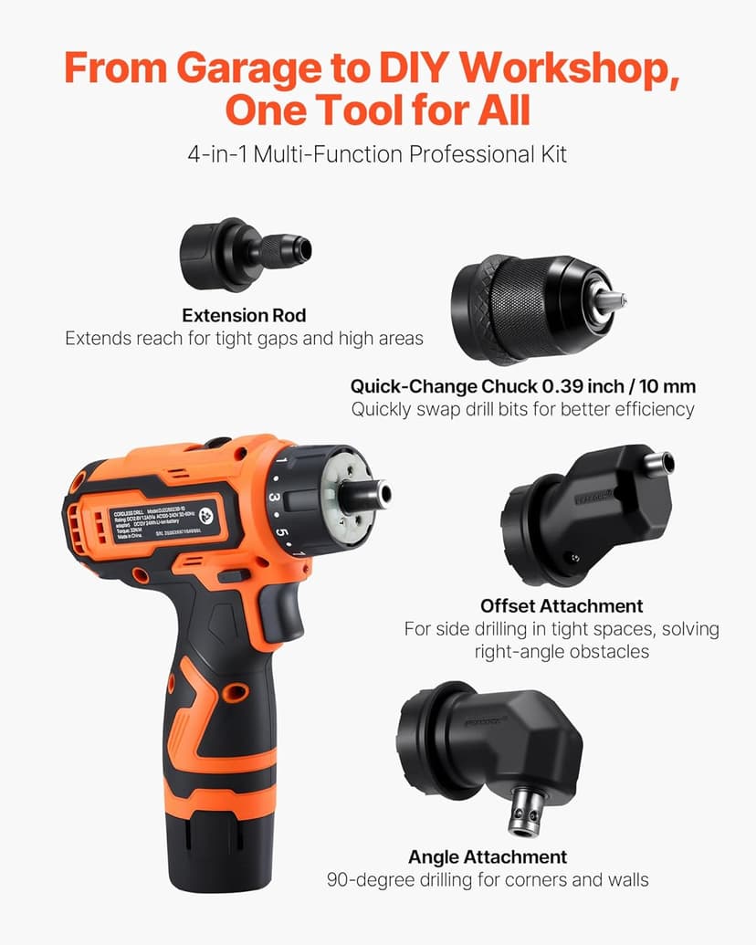 VEVOR Cordless Drill Driver, 5-In-1, Metal Chuck, Dual-Speed Variable, Drill Driver Kit with 2 Lithium Batteries and Charger, Tool Box, for Wood and Metal Drilling, Screw Tightening or Loosening