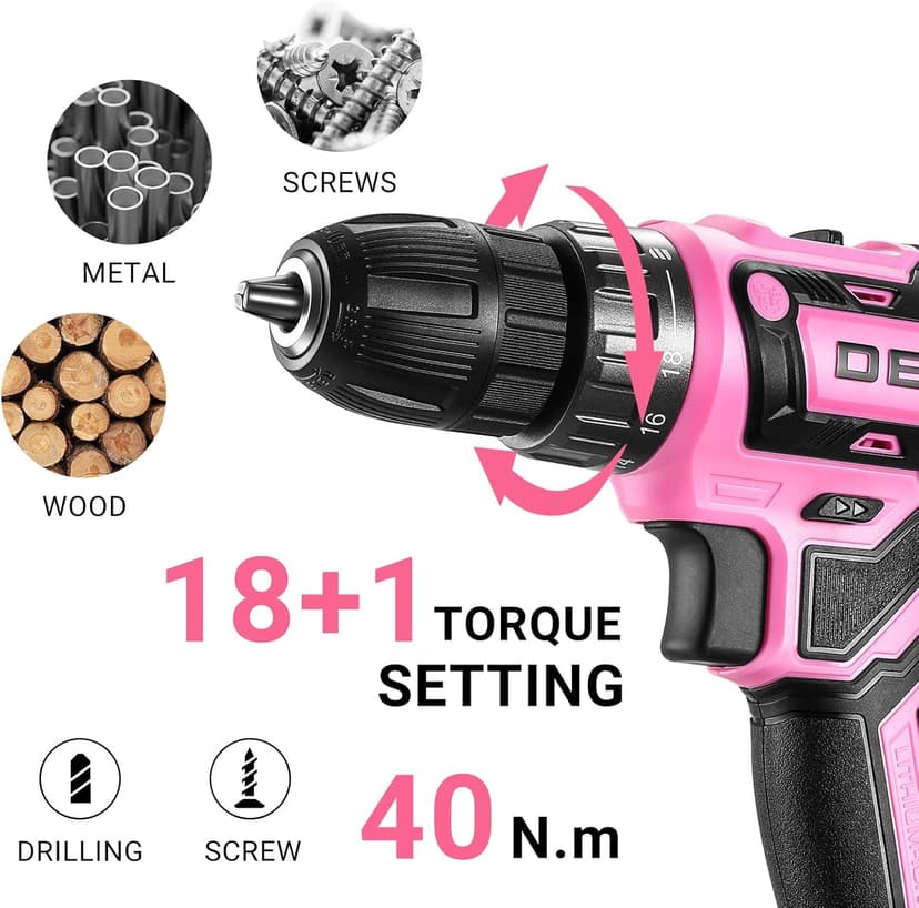 Power Drill Cordless: DEKO PRO Pink Cordless Drill 20V Electric Power Drill Set Tool for Women Drills with Battery and Charger 20 Volt Drills Driver Kit