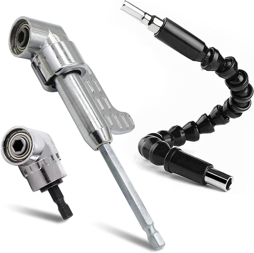 Silver 105 Degree Right Angle Drill Bit Holder, 1/4" Hex Shank Driver and Flexible Angle Extension Bit Kit for Screwdriver & Drill