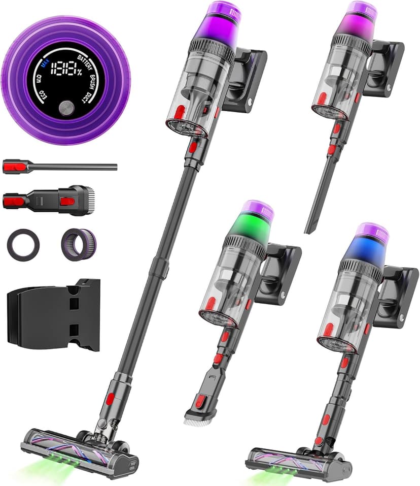 Cordless Vacuum Cleaner 500W/45Kpa, 3 Ambient Colors Power Modes with 60 Mins Max Runtime Vacuum, Powerful Suction Rechargeable Handheld Stick Vacuum for Home, Hard Floor, Carpet, Pet Hair, Shutters