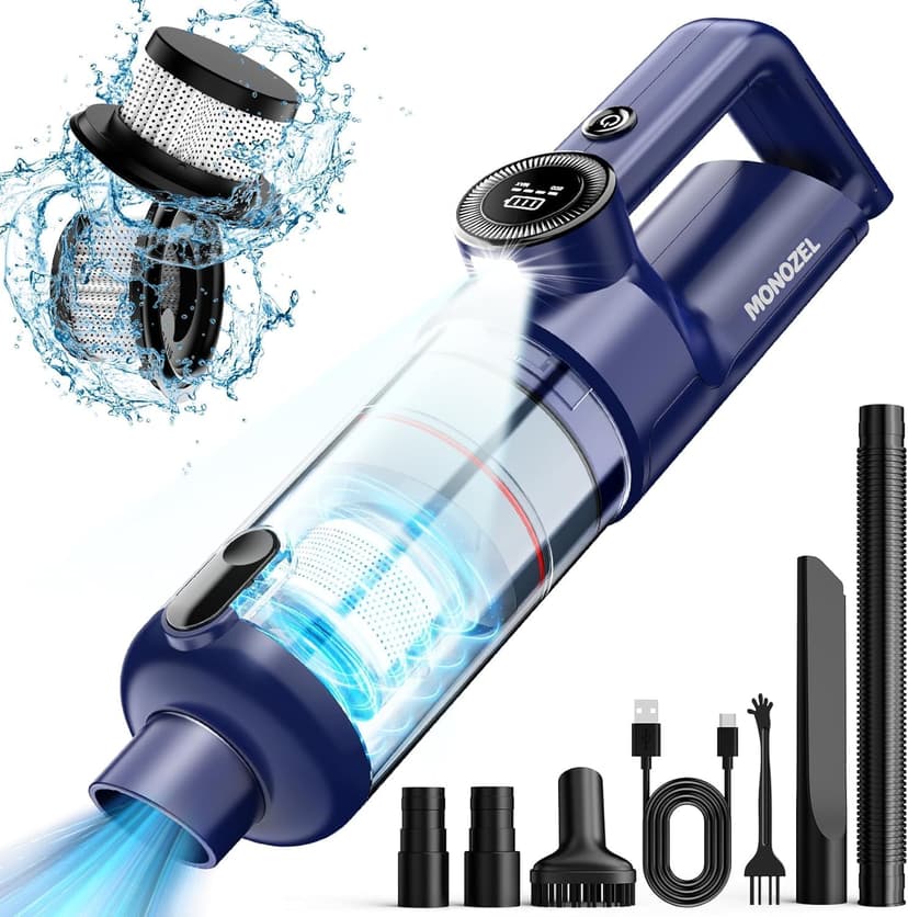 Handheld Vacuum Cordless - Car Vacuum Cleaner with Brushless Motor, 15000Pa Strong Suction with LED Light, Type C Cable, 2 Fliters, Portable Hand Vacuum for Car, Home, and Office
