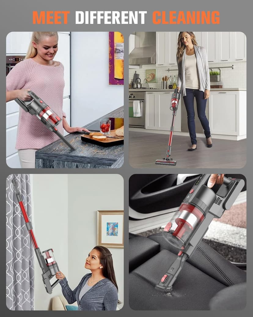 Cordless Vacuum Cleaner, 85,000PRM Upgraded Dual Suction Cordless Stick Vacuum up to 35mins Runtime, Lightweight Rechargeable Vacuum for Home (Grey Red)