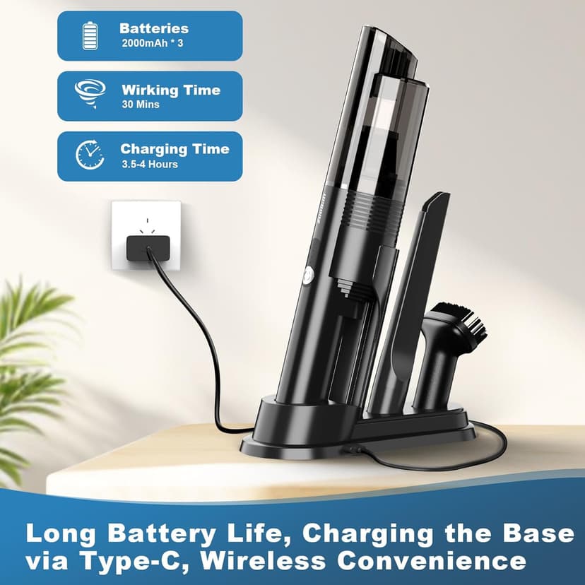 Handheld Vacuum Cordless, Portable Car Vacuum with 2-Speed, 10KPA Powerful Suction Vacuum Cleaner with Charging Dock, Lightweight 4-in-1 Mini Hand Held Vacuum for Car Home Pet Office and Pet Hair 115B