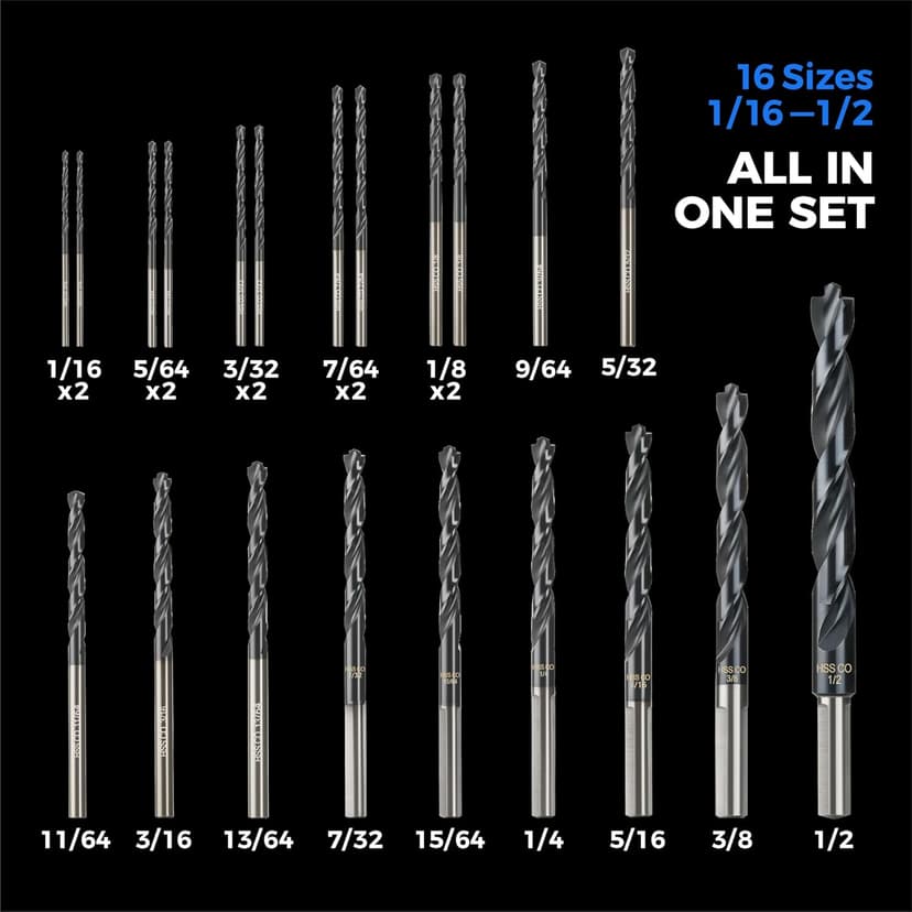 toolant Cobalt Drill Bit Set for Metal and Steel (Pro), Titanium Aluminum Nitride Coated (TiAlN) with Bullet Point Tip, for Hardened Metal, Stainless Steel, 21pcs 1/16"-1/2"