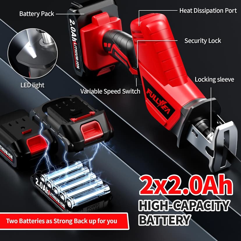 Reciprocating Saw Cordless, 0-3500SPM Power Reciprocating Saw with 2*2000mAh Battery & 4 Saw Blades, Tool-Free Blade Change, Variable Speed Reciprocating Saws for Woods/Metal/Plastic Cutting