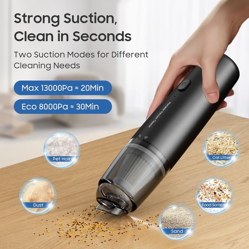 Handheld Vacuum Cordless, Portable Car Vacuum Cleaner with HEPA Filter, 2 Suction Modes, Mini Hand Held Vacuum Rechargeable for Car, Home, Office, Desk, Keyboards, Pet Hair (Black)