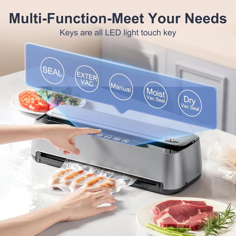 85Kpa Vacuum Sealer Machine for Food, 8-IN-1 Fully Automatic Food Sealer with Built-in Cutter & Bag Storage, Dry/Moist/EXT-VAC Modes, LED Touch Control, Includes 12 Vacuum Bags & 1 Roll Bag