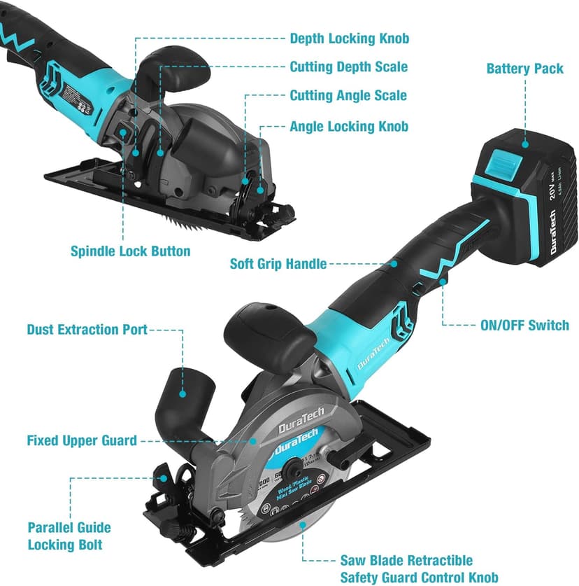DURATECH Mini Circular Saw, 20V 4-1/2" Cordless Circular Saw with 4.0Ah Battery, Fast Charger, 3PCS Blades, 3600RPM, Max Cutting Depth 1-11/16"(90°),1-1/8"(45°), for Tiles, Wood, Soft Metal, Plastic