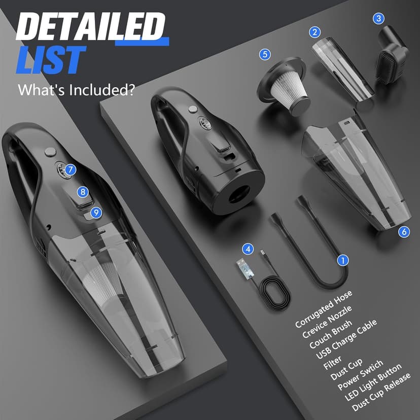 Handheld Vacuum Cordless Rechargeable 3-in-1, USB Charge, Car Vacuum with LED, HEPA Filter, 1.65LBs Lightweight Vacuum Cleaner for Dust, Pet Hair
