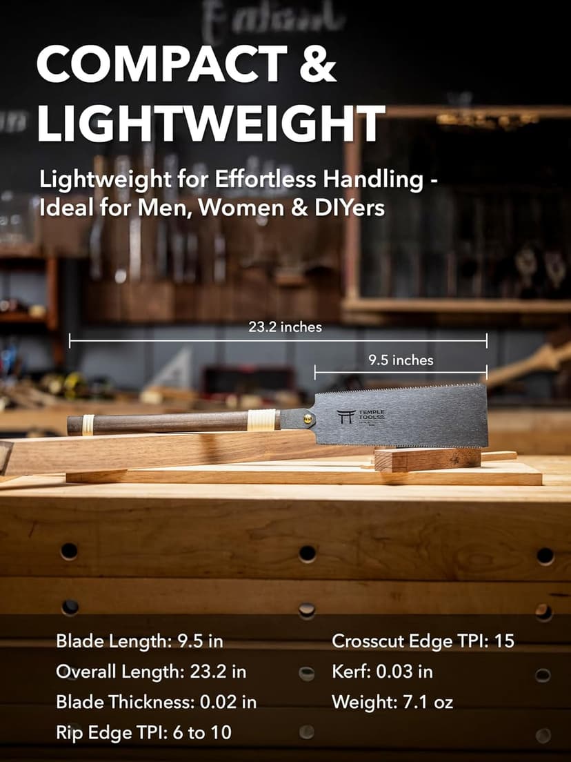 Japanese Pull Saw - 9.5 Ryoba Hand Saw with Rip-cut and Crosscut - Wood Saw for Dovetails, Tenons, Joinery, Cutting Boards to Length & Width- Temple Tool Co.