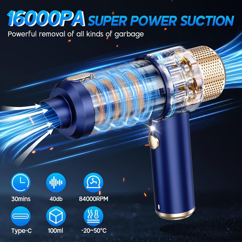 JONYJ Handheld Car Vacuum Cleaner, 16000PA Hand Held Vacuum Portable Cordless, 2 in 1 Air Duster and Vacuum Cleaner with LED Light, Multi-Nozzles, 120W High Power Mini Vacuum for Home, Pet, Office