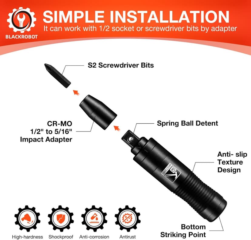 BLACKROBOT 1/2 Inch Drive Impact Screwdriver Set, CR-V, Hand Manual Reversible Impact Driver Set Extractor, 5/16 Inch Bit Adapter with S2 Steel Bits, 10PCS, Disengage Rusted Fasteners or Frozen Bolts