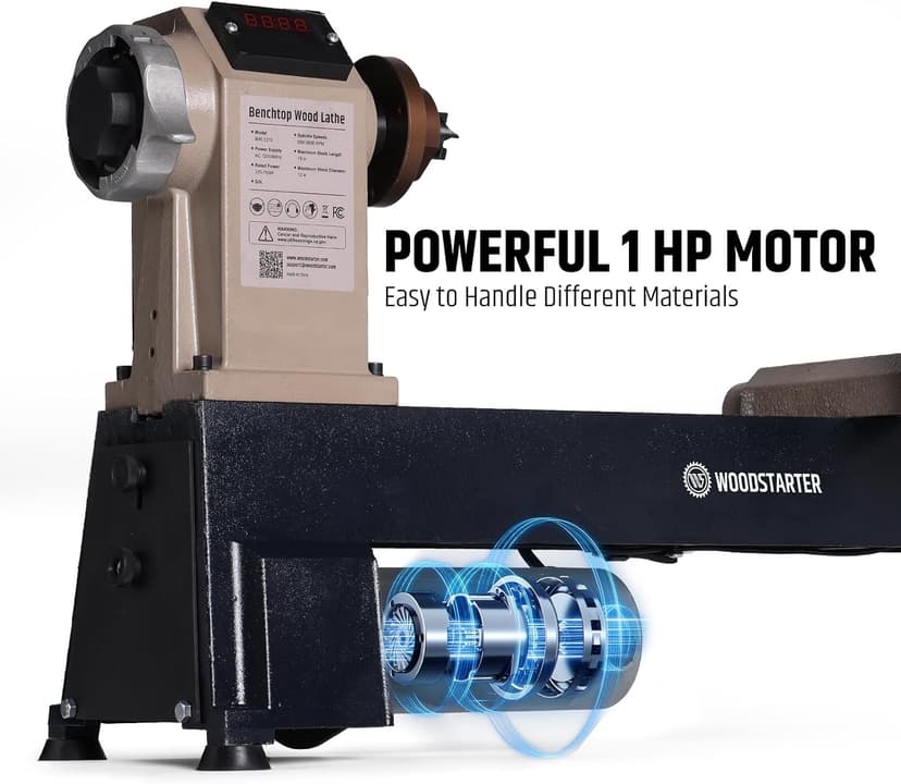 12" x 18" Wood Turning Lathe, 1 HP Benchtop Woodworking Lathe with Variable Speed 650-3800 RPM, Dual-Function Design with Extension Ports for Belt Sander or Grinding Wheel or Rotary Kit