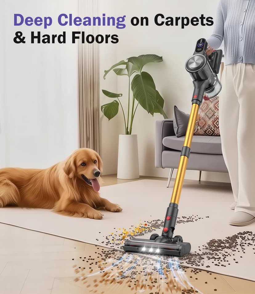Cordless Vacuum Cleaner, 40Kpa Vacuum Cleaners for Home with LED Screen, 40Mins Stick Vacuum Cordless Rechargeable Dock, Handheld Vacuum Cleaner for Pet Hair, Carpet, Hardwood Floor, A40