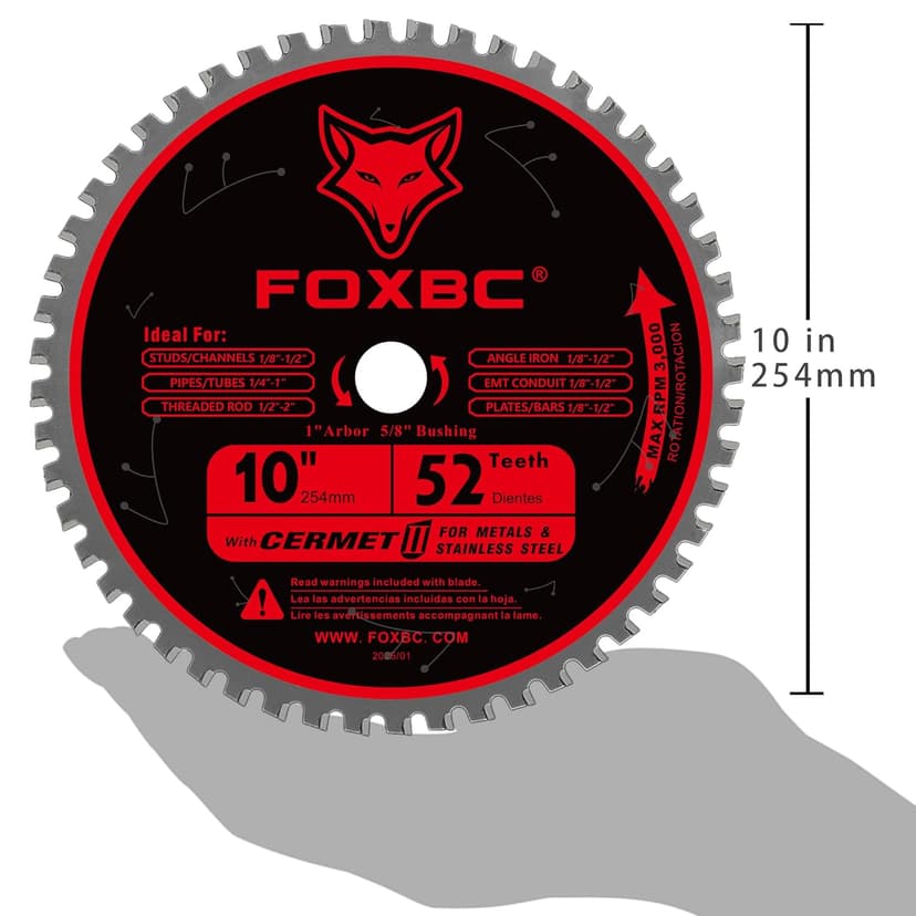FOXBC 10 Inch Metal Steel Cutting Saw Blade 52 Teeth, 1" Arbor with 5/8" Bushing, Cermet Carbide Up to 5X Longer Life
