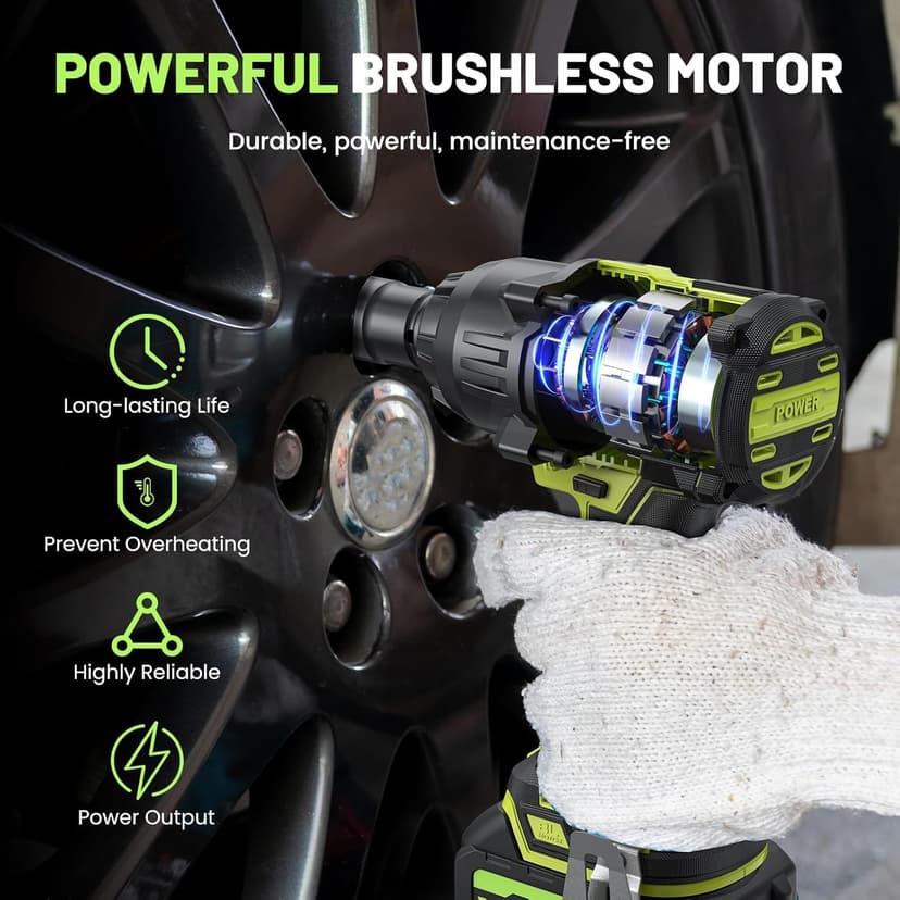 Cordless Impact Wrench 738ft-lbs (1000N.m), High Torque Brushless 1/2 Impact Gun, 2 x4.0Ah Battery 21V Max, Fast Charger, 4 Sockets, Impact Wrench for Home Car Tires Truck Mover
