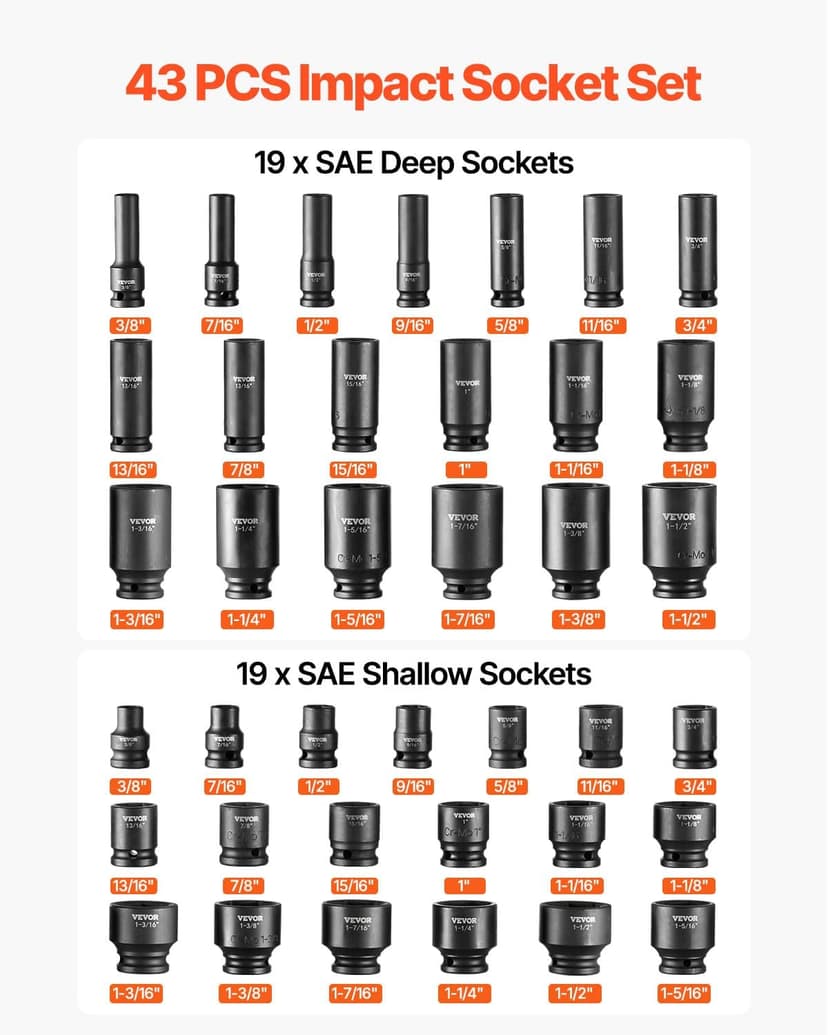 VEVOR Impact Socket Set 1/2" Socket Set 43 Piece Deep & Shallow SAE 3/8" to 1-1/2", 6 Point Cr-Mo Alloy Steel for Auto Repair, Easy-to-Read Size Markings, Rugged Construction, Storage Case