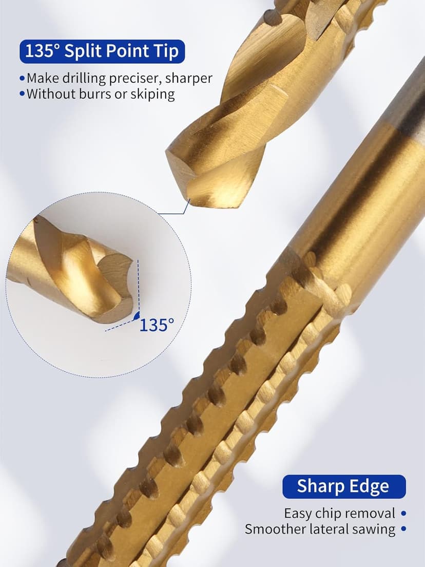 Rocaris 8 Pack Titanium Coated HSS Twist Drill Bits, 3-10mm Serrated Side Cutting Drill Bit Woodworking Tools for Plastic Metal Wood Hole